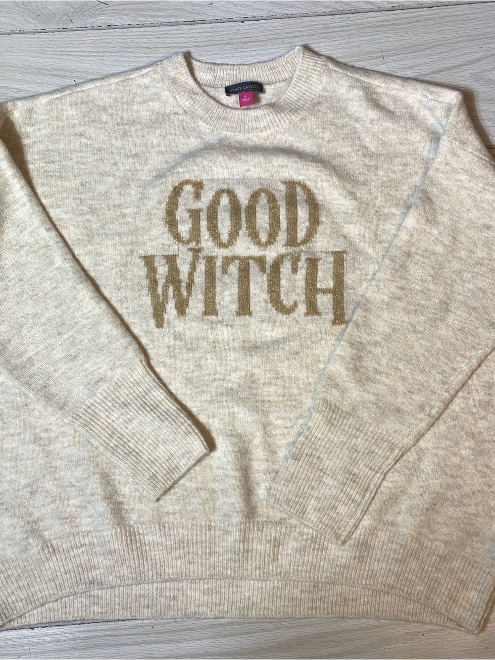 Vince Camuto Good Witch Graphic Pullover Sweater Cream Beige Size Small NWOT!